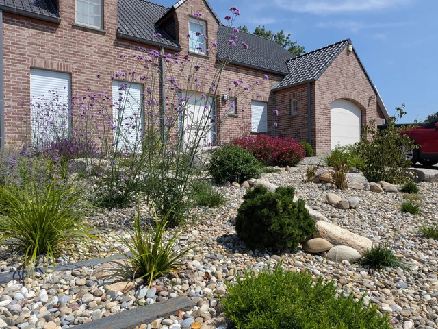 Les végétaux et les pierres structurent les abords de la maison.