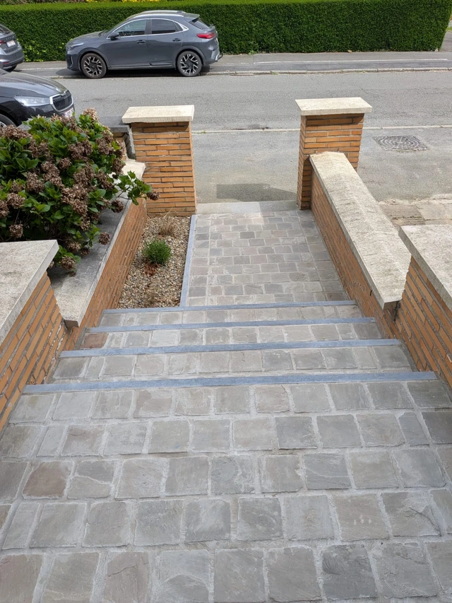 L’allée et les marches vues depuis la maison.