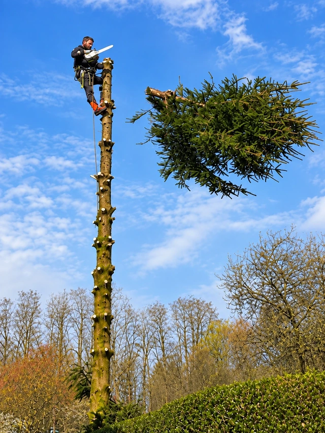 Élagueur grimpeur en hauteur lors du démontage d’un sapin, avec la cime en cours de chute